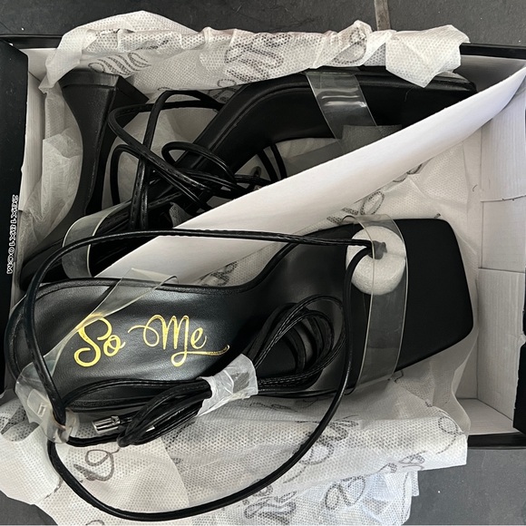 Square toe lace up thong heels : black size 7.5 in women’s - Picture 1 of 2